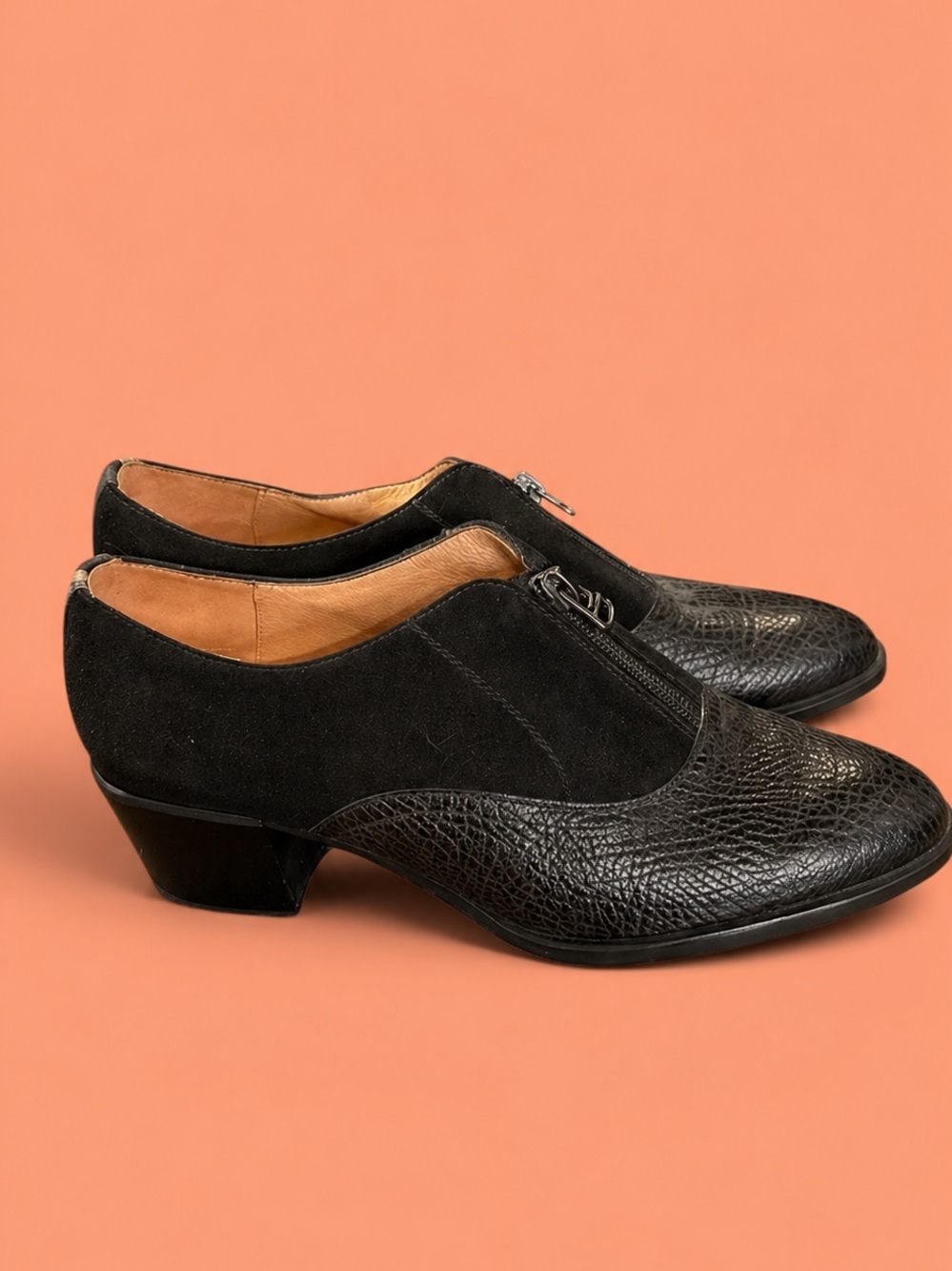Black Leather & Suede Zip Front Low-Heel Flats
